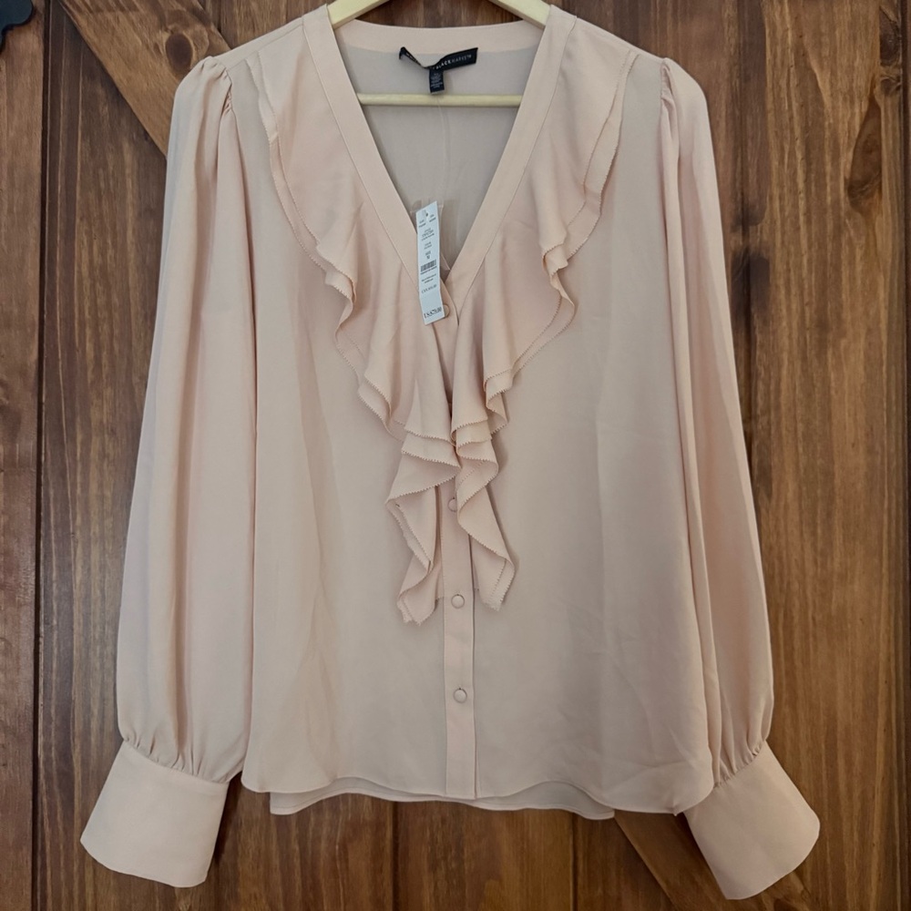 NWT White House Black Market Elegant Ruffled Pale Pink Blouse Medium
